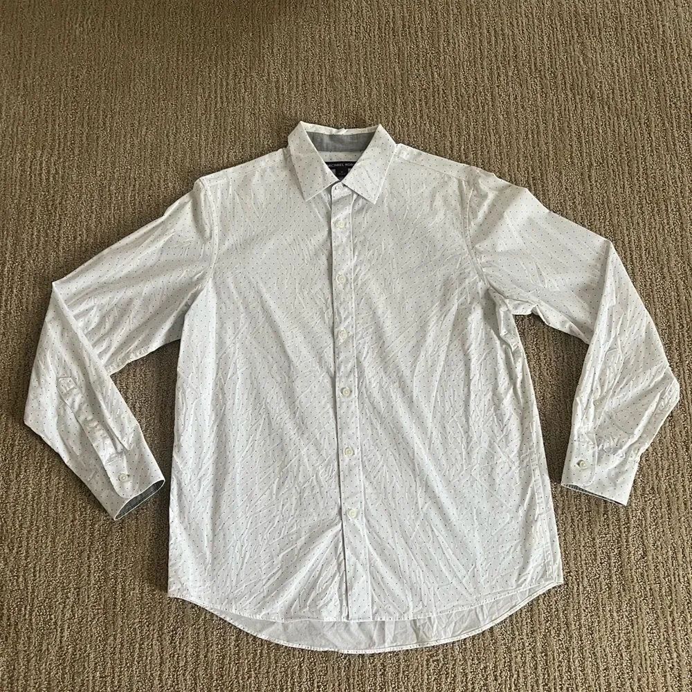 Michael Kors Mens White Collared Button Down Shirt with Black Dots~ Classic Fit